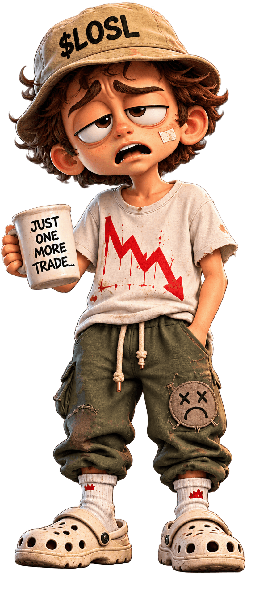 Lossy holding a just-one-more-trade mug